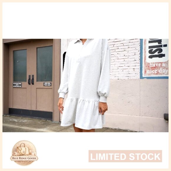 Long Sleeve Button V Neck Sweatshirt Dress Lapel Collar Pullover Casual - Picture 6 of 6